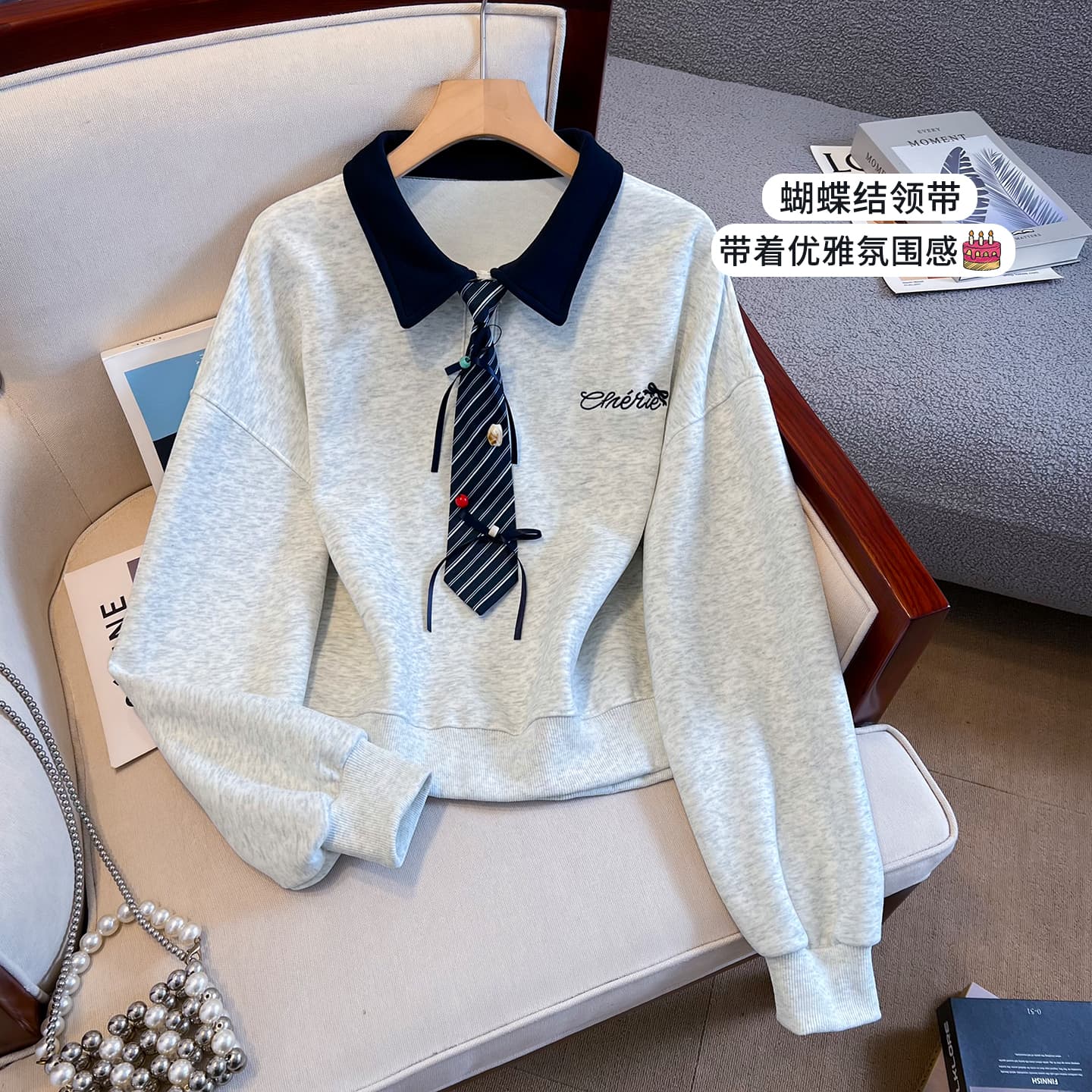 생각하기 Loy 실사 2026 가을 작은 청신 나비 매듭 넥타이 학원 스타일 페이크 레이어드 루즈핏 POLO 칼라 후드티 이미지 4