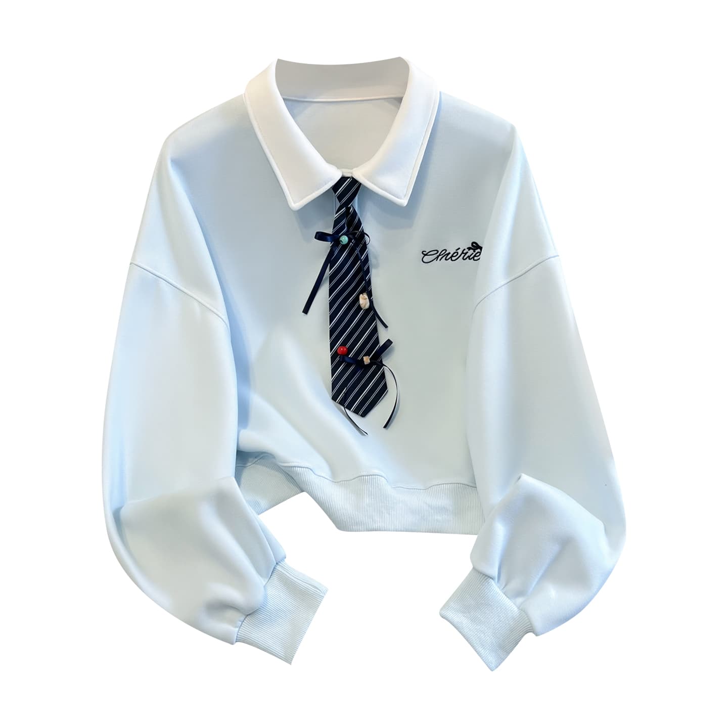 생각하기 Loy 실사 2026 가을 작은 청신 나비 매듭 넥타이 학원 스타일 페이크 레이어드 루즈핏 POLO 칼라 후드티 이미지 5