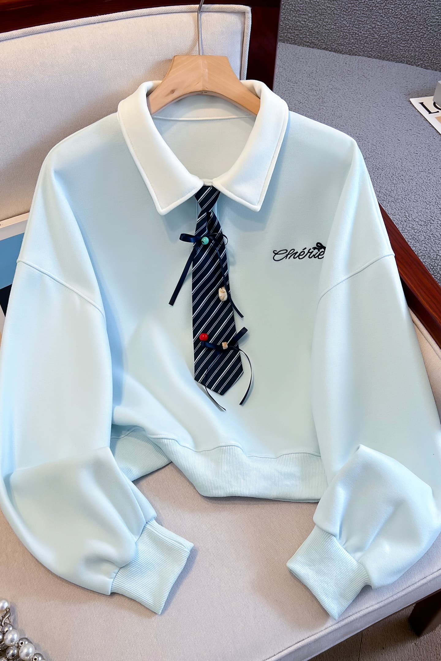 생각하기 Loy 실사 2026 가을 작은 청신 나비 매듭 넥타이 학원 스타일 페이크 레이어드 루즈핏 POLO 칼라 후드티 이미지 6