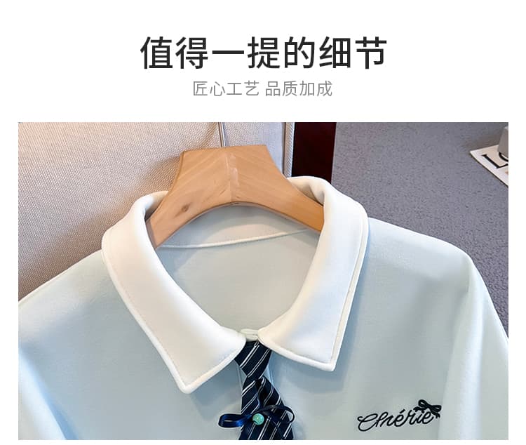 생각하기 Loy 실사 2026 가을 작은 청신 나비 매듭 넥타이 학원 스타일 페이크 레이어드 루즈핏 POLO 칼라 후드티 상세 이미지 7