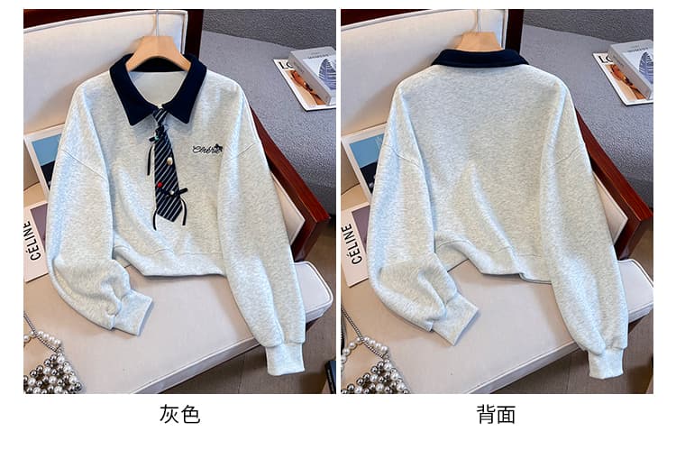 생각하기 Loy 실사 2026 가을 작은 청신 나비 매듭 넥타이 학원 스타일 페이크 레이어드 루즈핏 POLO 칼라 후드티 상세 이미지 12
