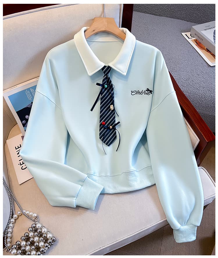 생각하기 Loy 실사 2026 가을 작은 청신 나비 매듭 넥타이 학원 스타일 페이크 레이어드 루즈핏 POLO 칼라 후드티 상세 이미지 14