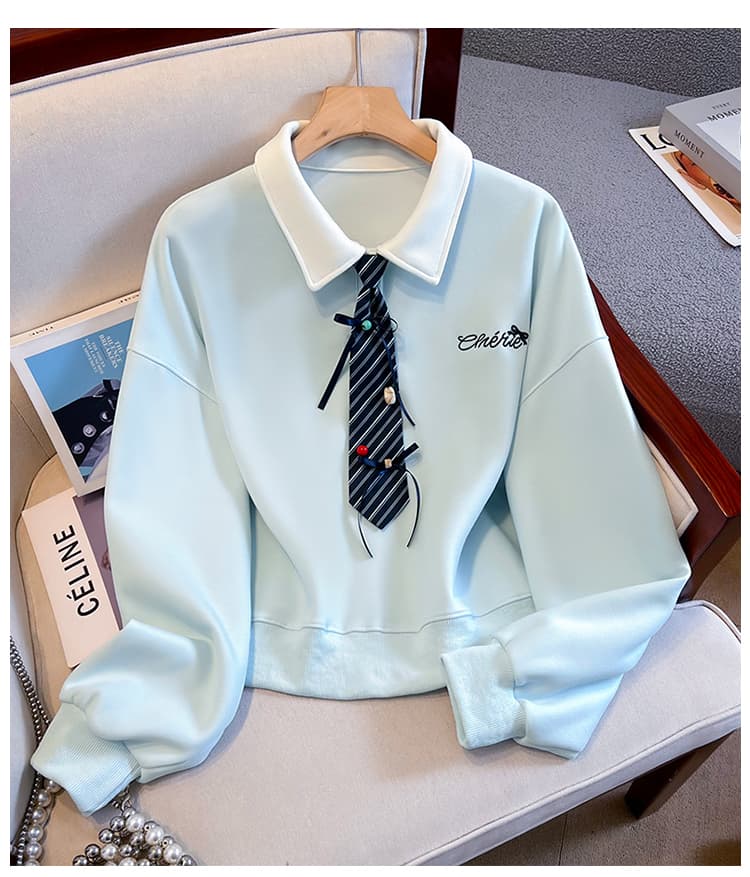 생각하기 Loy 실사 2026 가을 작은 청신 나비 매듭 넥타이 학원 스타일 페이크 레이어드 루즈핏 POLO 칼라 후드티 상세 이미지 16