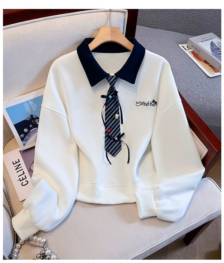 생각하기 Loy 실사 2026 가을 작은 청신 나비 매듭 넥타이 학원 스타일 페이크 레이어드 루즈핏 POLO 칼라 후드티 상세 이미지 21