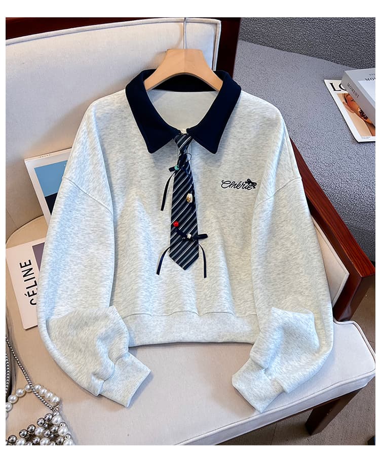 생각하기 Loy 실사 2026 가을 작은 청신 나비 매듭 넥타이 학원 스타일 페이크 레이어드 루즈핏 POLO 칼라 후드티 상세 이미지 23