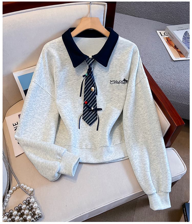 생각하기 Loy 실사 2026 가을 작은 청신 나비 매듭 넥타이 학원 스타일 페이크 레이어드 루즈핏 POLO 칼라 후드티 상세 이미지 24