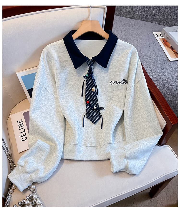 생각하기 Loy 실사 2026 가을 작은 청신 나비 매듭 넥타이 학원 스타일 페이크 레이어드 루즈핏 POLO 칼라 후드티 상세 이미지 26