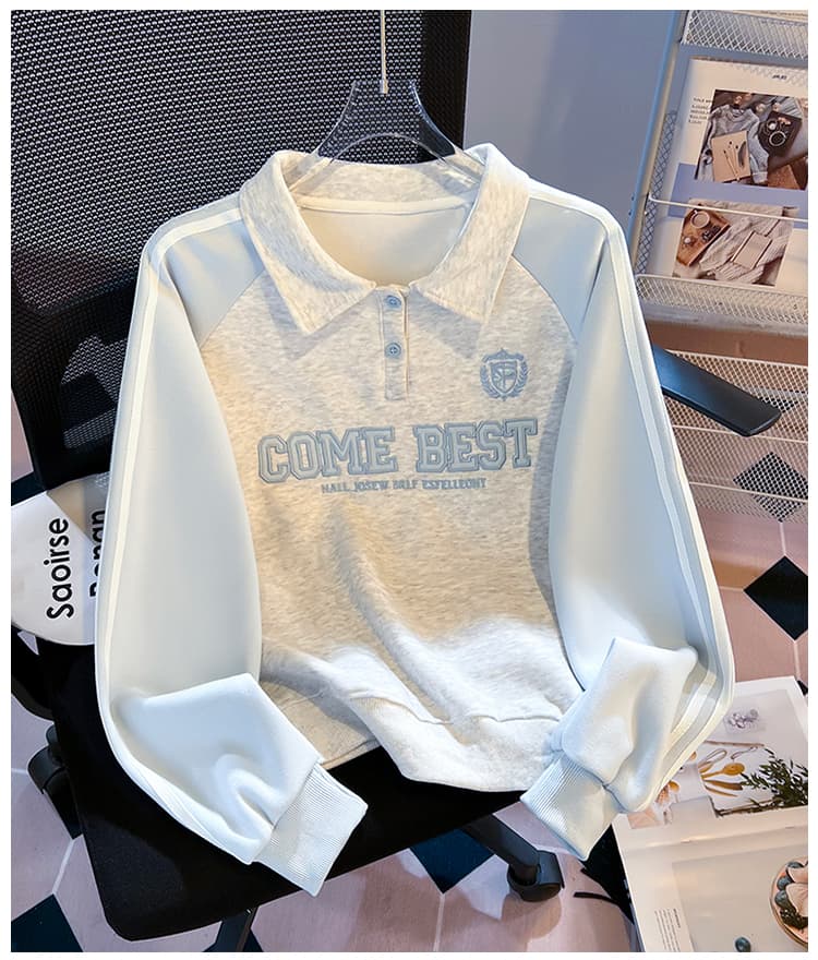 생각하기 Loy 실사 2026 가을 새로운 패치워크 색상 삽입 어깨 소매 디자인 센스 3개 바 POLO 칼라 캐주얼 후드티 여성 상세 이미지 13