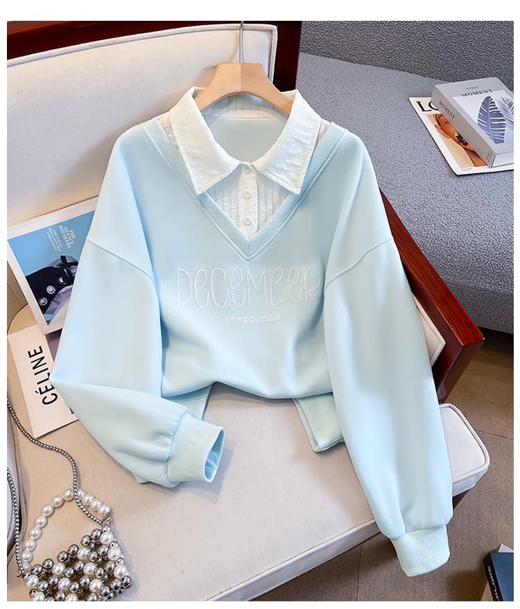 생각하기 Loy 실사 2026 학원 스타일 패치워크 색상 체크무늬 POLO 칼라 페이크 레이어드 작은 청신 다용도 후드티 상세 이미지 21