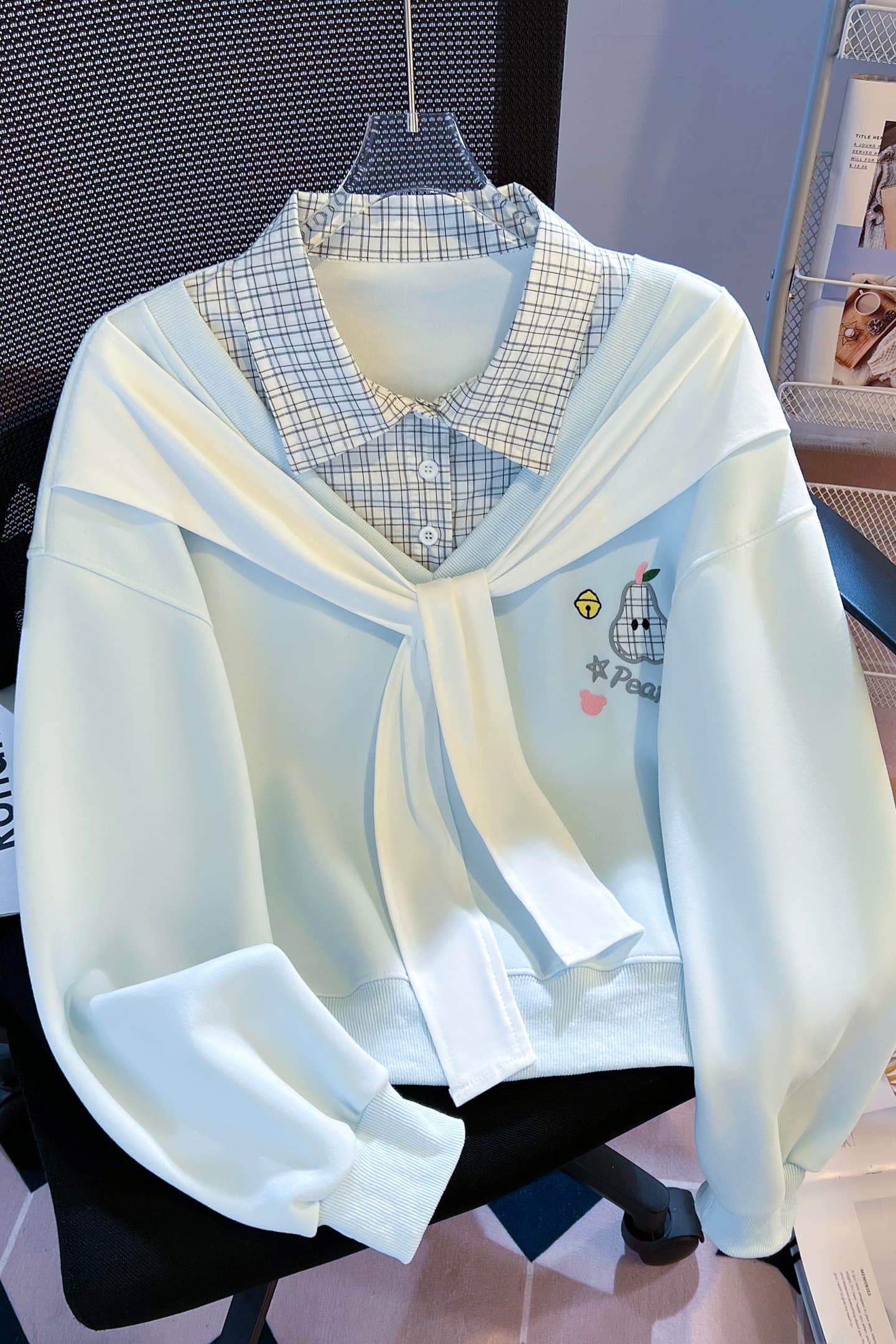 생각하기 Loy 실사 2026 학원 스타일 숄 섹션 패치워크 색상 체크무늬 POLO 칼라 페이크 레이어드 다용도 달콤함 후드티 이미지 7