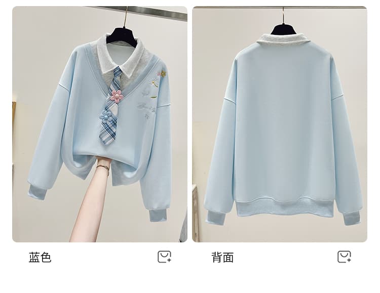 생각하기 Loy 실사 2026 가을 새로운 작은 청신 자수 학원 스타일 페이크 레이어드 루즈핏 POLO 칼라 후드티 상세 이미지 8