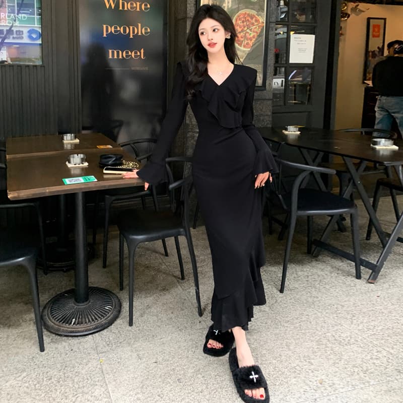 실사 빅 사이즈 봄 드레스 섹션 그는 벤 바람 검정색 V넥 드레스 고급 센스 순수한 욕망 바람 허리 수축 슬림해 보이는 인어 꼬리 스커트 이미지 3