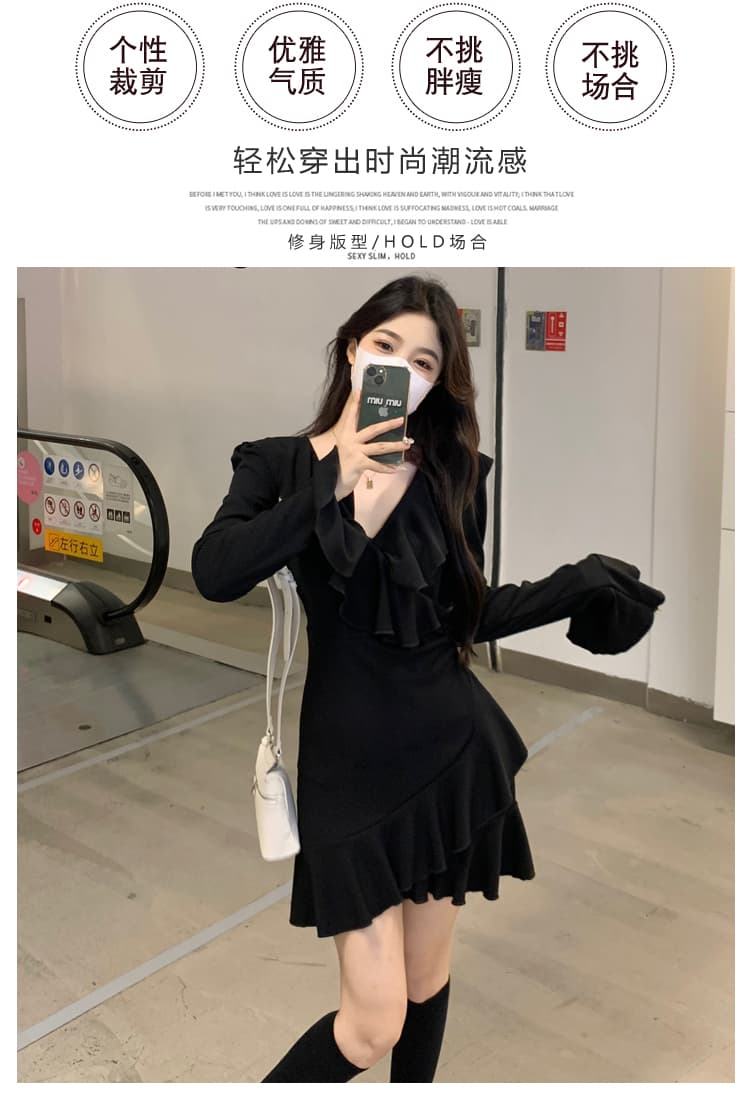 실사 빅 사이즈 봄 드레스 섹션 그는 벤 바람 검정색 V넥 드레스 고급 센스 순수한 욕망 바람 허리 수축 슬림해 보이는 인어 꼬리 스커트 상세 이미지 2