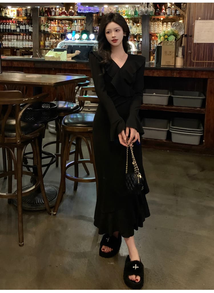 실사 빅 사이즈 봄 드레스 섹션 그는 벤 바람 검정색 V넥 드레스 고급 센스 순수한 욕망 바람 허리 수축 슬림해 보이는 인어 꼬리 스커트 상세 이미지 13
