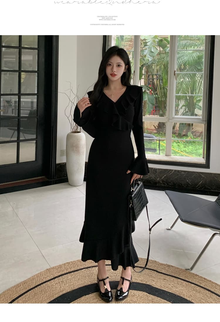 실사 빅 사이즈 봄 드레스 섹션 그는 벤 바람 검정색 V넥 드레스 고급 센스 순수한 욕망 바람 허리 수축 슬림해 보이는 인어 꼬리 스커트 상세 이미지 25