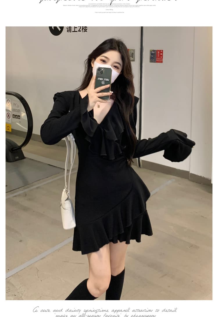 실사 빅 사이즈 봄 드레스 섹션 그는 벤 바람 검정색 V넥 드레스 고급 센스 순수한 욕망 바람 허리 수축 슬림해 보이는 인어 꼬리 스커트 상세 이미지 34