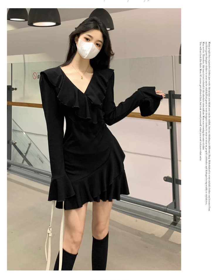 실사 빅 사이즈 봄 드레스 섹션 그는 벤 바람 검정색 V넥 드레스 고급 센스 순수한 욕망 바람 허리 수축 슬림해 보이는 인어 꼬리 스커트 상세 이미지 35