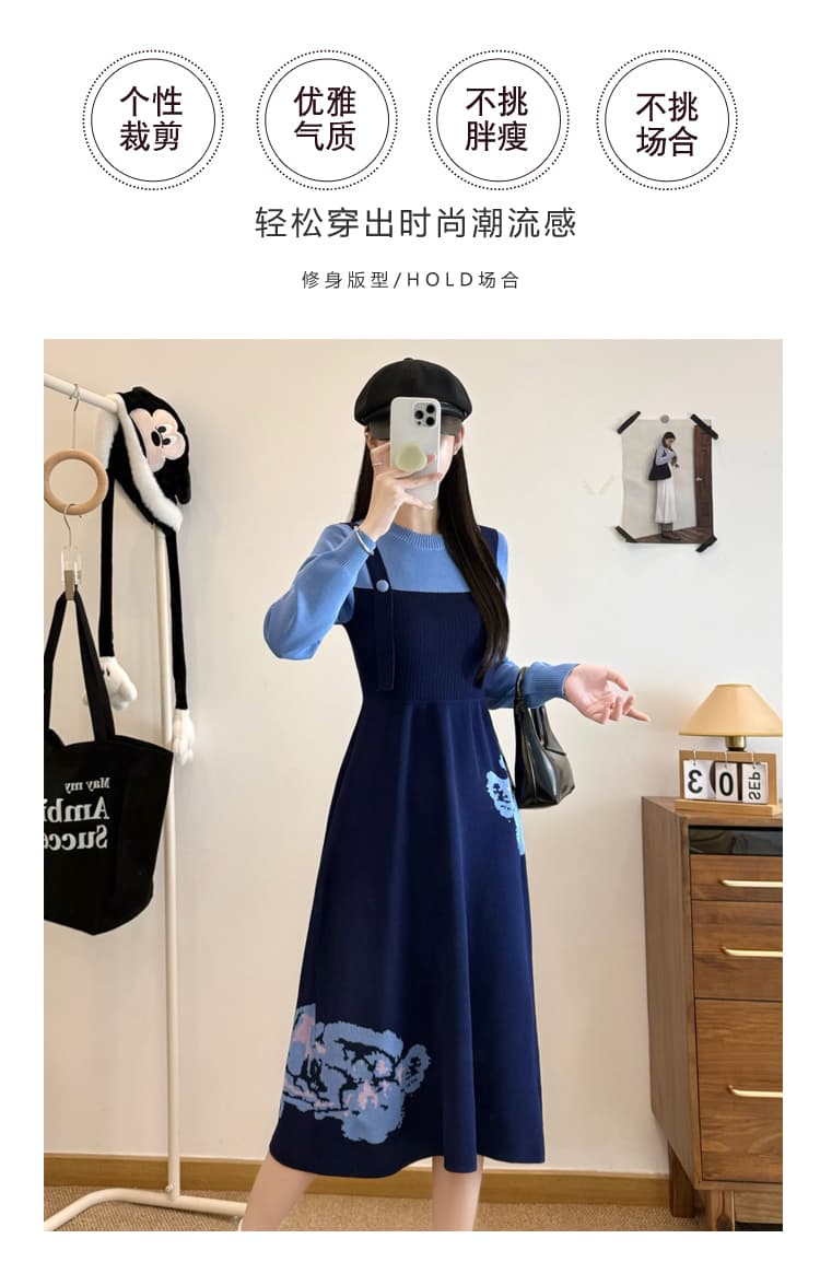 실사 빅 사이즈 여성 의류 2025 겨울 새로운 레트로 배색 페이크 레이어드 니트 자카드 롱 코트 드레스 상세 이미지 2