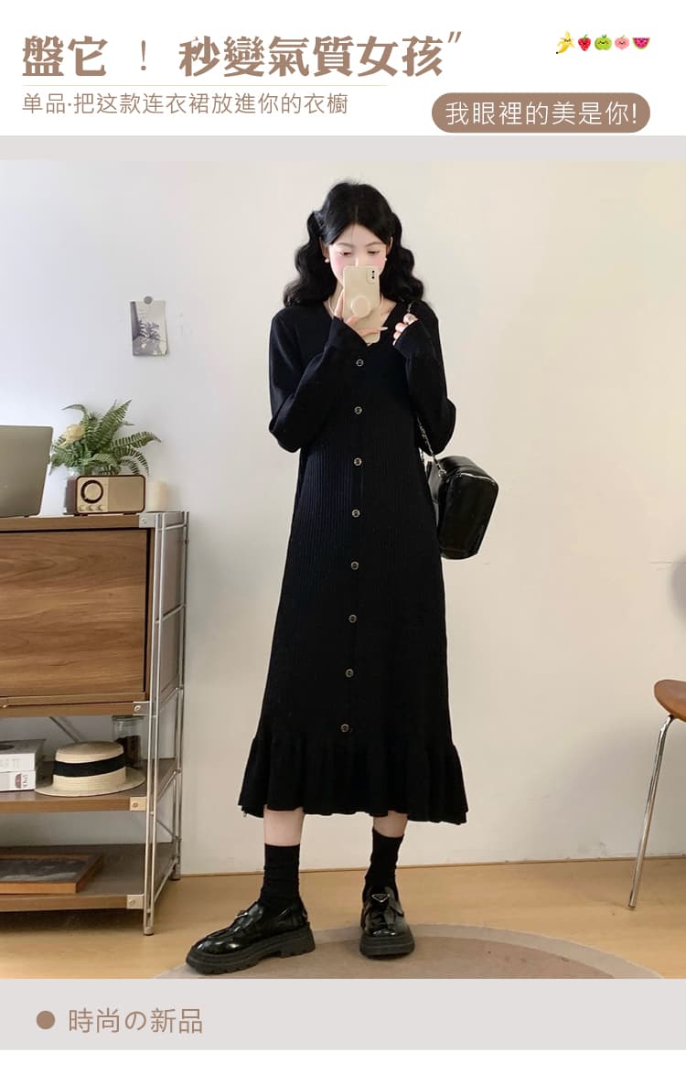 실사 빅 사이즈 여성 의류 검정색 V넥 인사이드 가져 가라. 만나는 니트 드레스 가을 겨울 새로운 긴팔 스웨터 작은 검은 드레스 상세 이미지 2