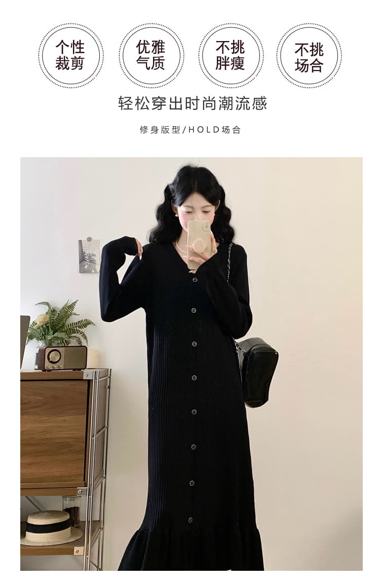 실사 빅 사이즈 여성 의류 검정색 V넥 인사이드 가져 가라. 만나는 니트 드레스 가을 겨울 새로운 긴팔 스웨터 작은 검은 드레스 상세 이미지 3