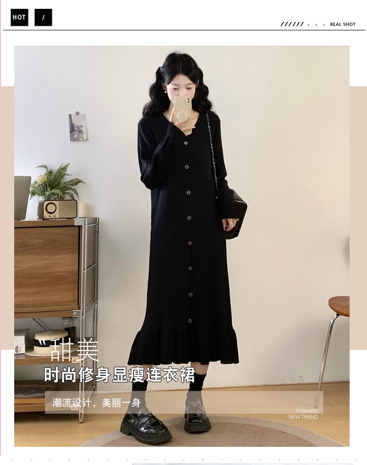 실사 빅 사이즈 여성 의류 검정색 V넥 인사이드 가져 가라. 만나는 니트 드레스 가을 겨울 새로운 긴팔 스웨터 작은 검은 드레스 상세 이미지 5