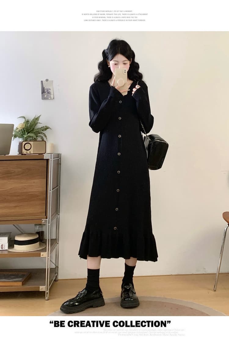실사 빅 사이즈 여성 의류 검정색 V넥 인사이드 가져 가라. 만나는 니트 드레스 가을 겨울 새로운 긴팔 스웨터 작은 검은 드레스 상세 이미지 18