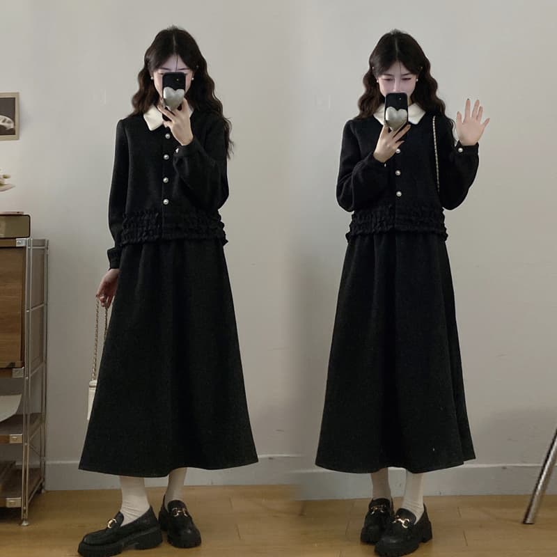 실사 빅 사이즈 여성 의류 모직 목이버섯 레이스 재킷 반신 스커트 ~ 중 투피스 세트 가을 겨울 의류 한 부서 캐주얼 세트