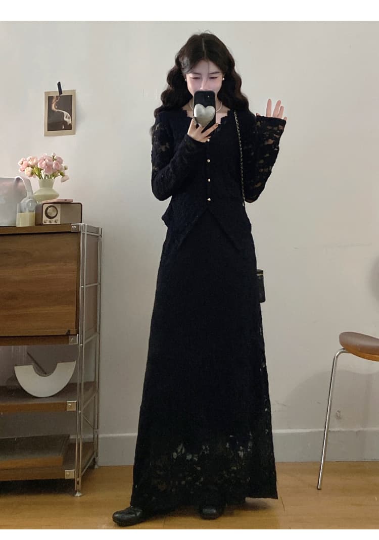 실사 새로운 봄 빅 사이즈 품격 레이스 V넥 맨위 슬림해 보이는 반신 스커트 작은 샤넬 스타일 전체 집합 고급 착용 가져 가라. 상세 이미지 16
