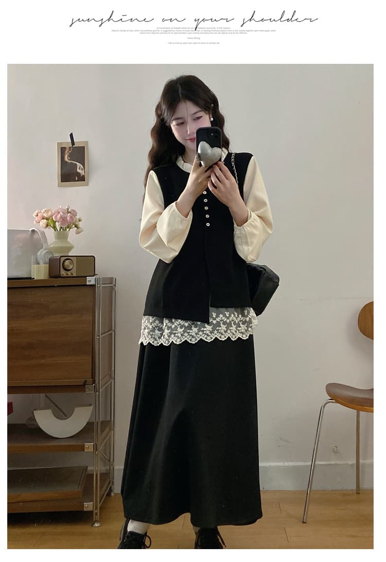실사 봄 드레스 새로운 연령 감소 레이스 조각 페이크 레이어드 디자인 센스 맨위 반신 스커트 여성 빅 사이즈 투피스 세트 상세 이미지 17