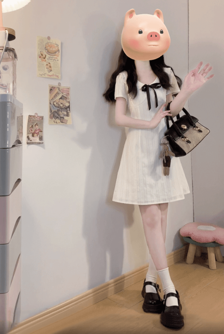 실사 빅 사이즈 여성 의류 프랑스식 여름 품격 나비 매듭 부드러운 하얀 달빛 면 소재 허리 수축 드레스 상세 이미지 8