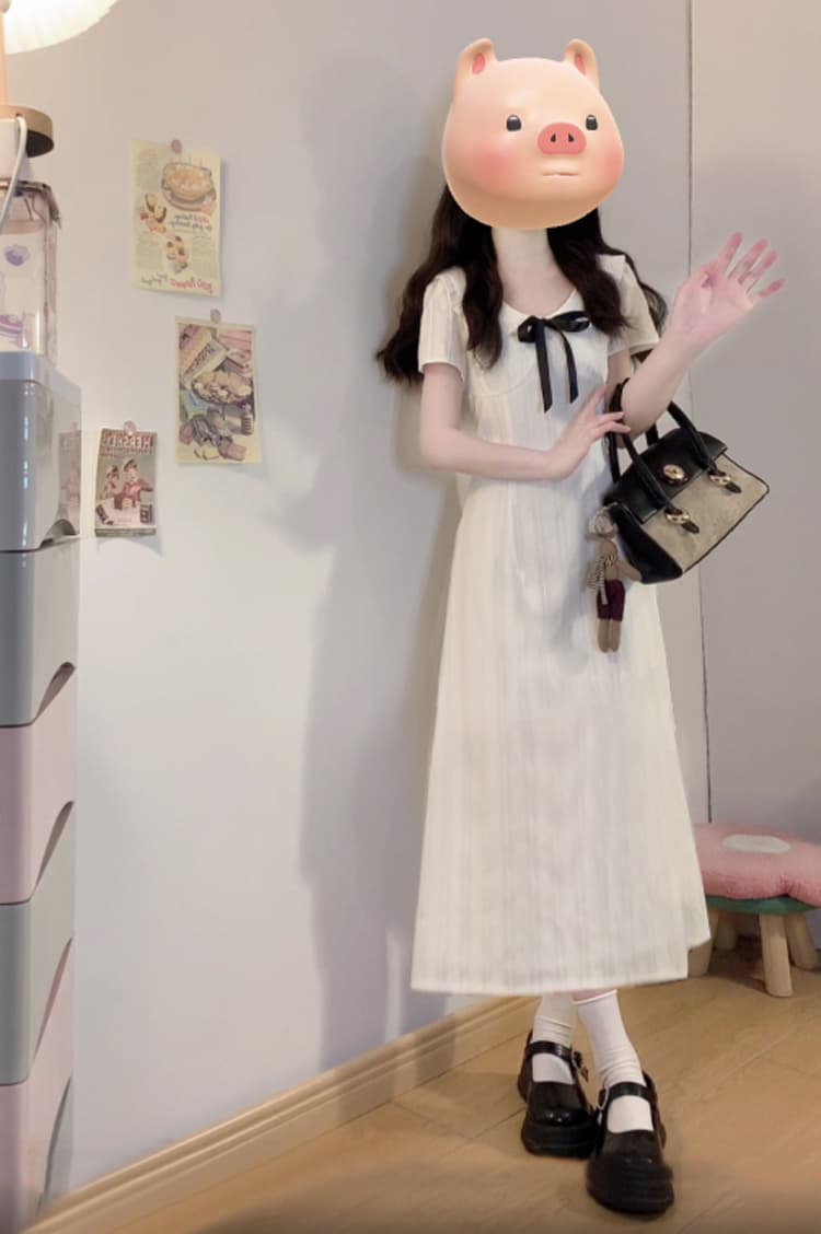 실사 빅 사이즈 여성 의류 프랑스식 여름 품격 나비 매듭 부드러운 하얀 달빛 면 소재 허리 수축 드레스 상세 이미지 11