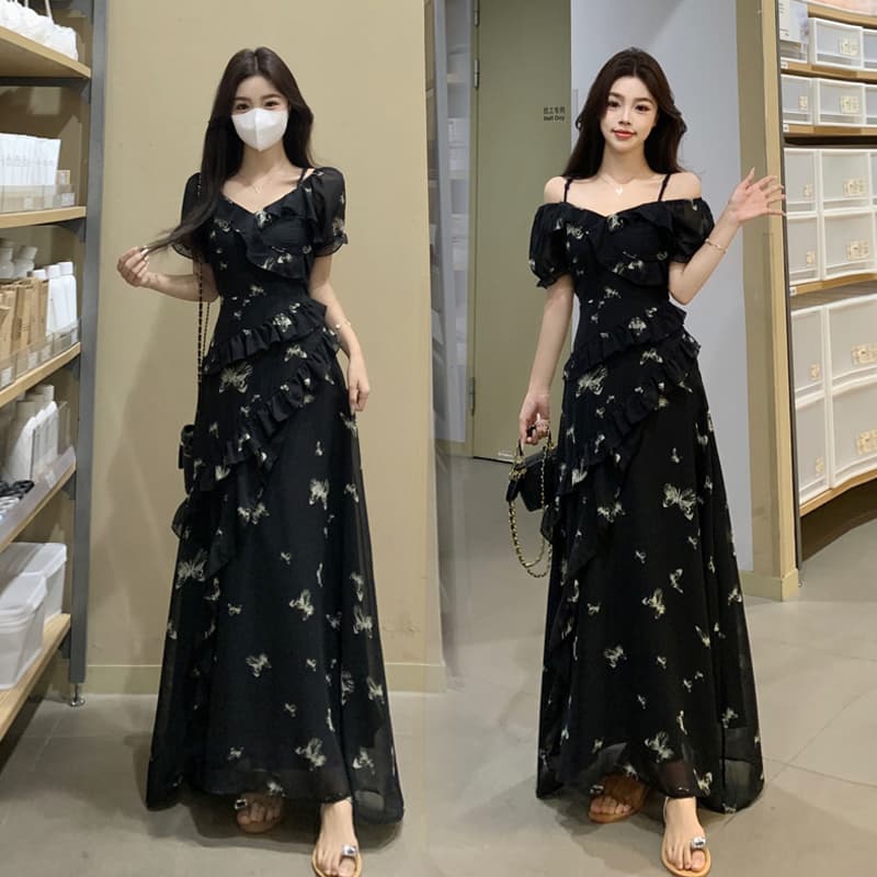 실사 빅 사이즈 여성 의류 여름 불규칙 프린트 드레스 오프숄더 둘 착용 나비 꽃무늬 슬림해 보이는 롱 스커트