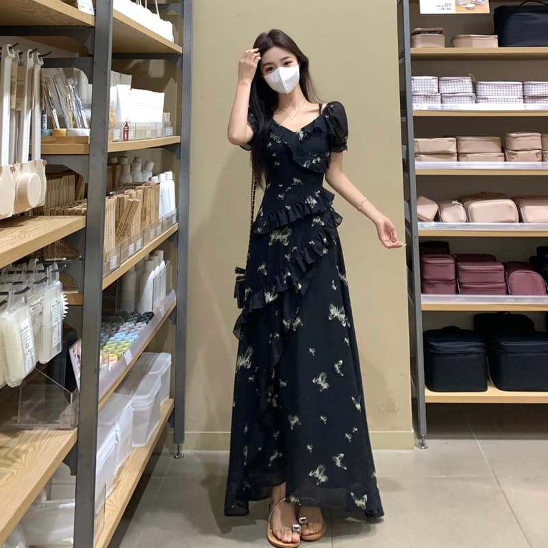 실사 빅 사이즈 여성 의류 여름 불규칙 프린트 드레스 오프숄더 둘 착용 나비 꽃무늬 슬림해 보이는 롱 스커트 이미지 3