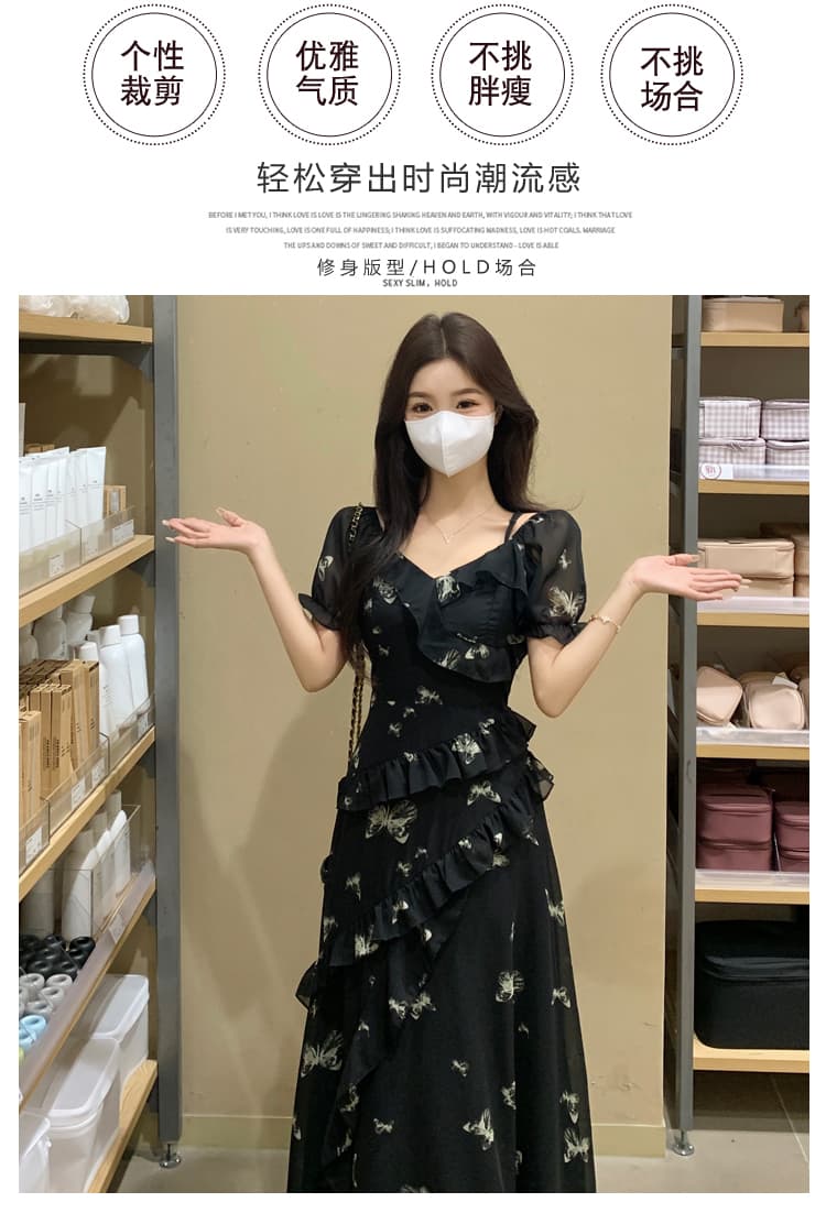 실사 빅 사이즈 여성 의류 여름 불규칙 프린트 드레스 오프숄더 둘 착용 나비 꽃무늬 슬림해 보이는 롱 스커트 상세 이미지 3