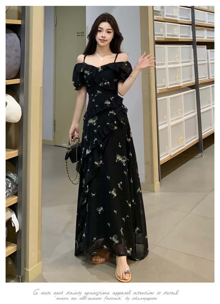 실사 빅 사이즈 여성 의류 여름 불규칙 프린트 드레스 오프숄더 둘 착용 나비 꽃무늬 슬림해 보이는 롱 스커트 상세 이미지 9