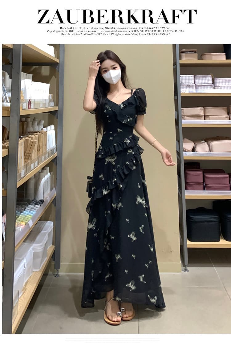 실사 빅 사이즈 여성 의류 여름 불규칙 프린트 드레스 오프숄더 둘 착용 나비 꽃무늬 슬림해 보이는 롱 스커트 상세 이미지 13