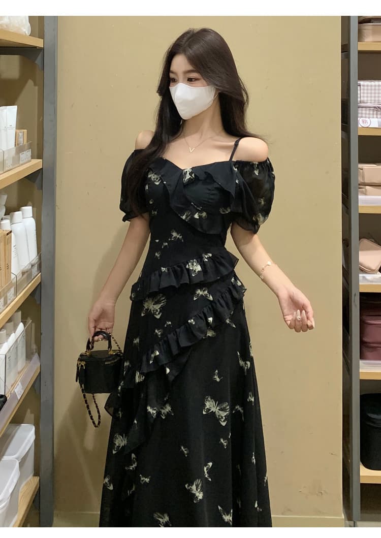 실사 빅 사이즈 여성 의류 여름 불규칙 프린트 드레스 오프숄더 둘 착용 나비 꽃무늬 슬림해 보이는 롱 스커트 상세 이미지 14