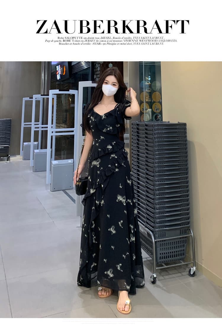실사 빅 사이즈 여성 의류 여름 불규칙 프린트 드레스 오프숄더 둘 착용 나비 꽃무늬 슬림해 보이는 롱 스커트 상세 이미지 20