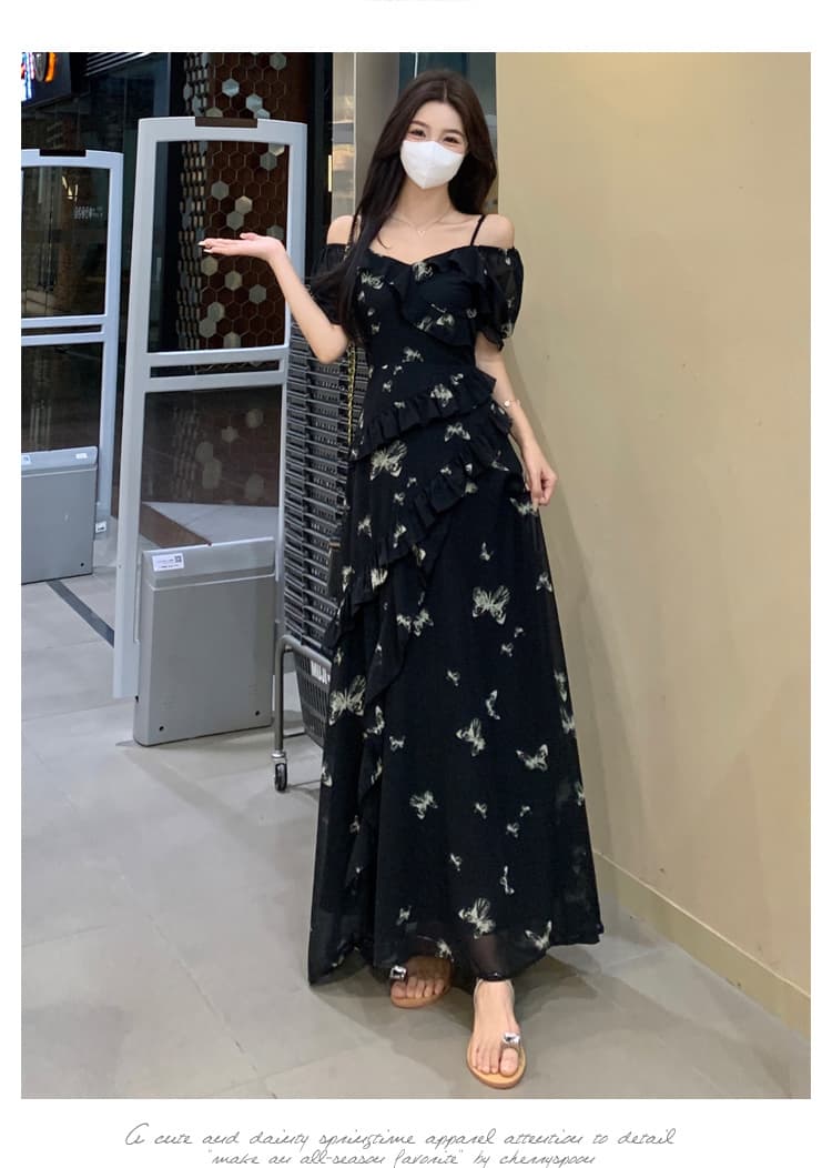 실사 빅 사이즈 여성 의류 여름 불규칙 프린트 드레스 오프숄더 둘 착용 나비 꽃무늬 슬림해 보이는 롱 스커트 상세 이미지 23