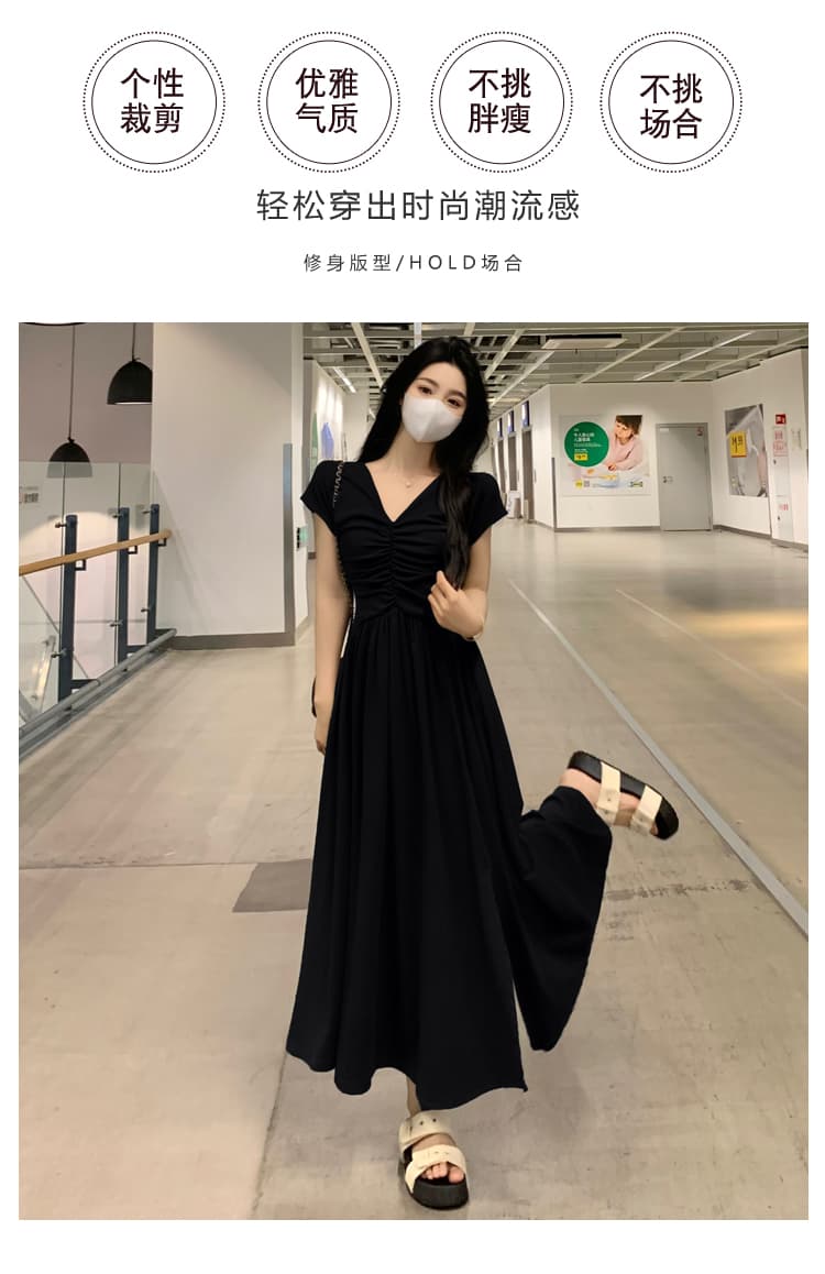 실사 빅 사이즈 여성 의류 프랑스식 레트로 V넥 허리 수축 드레스 차 휴식 품격 고급 센스 휴가 트임 치마 상세 이미지 3