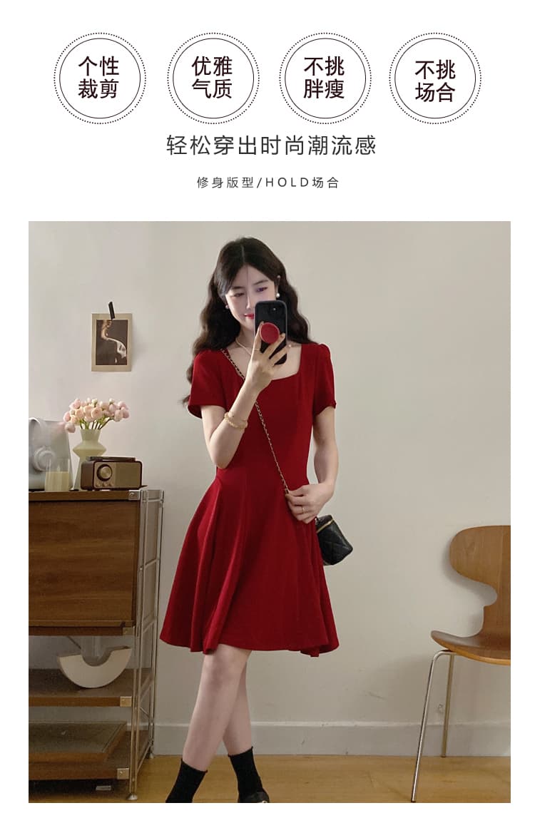 실사 빅 사이즈 여성 의류 프랑스식 품격 천 골드 센스 단색 여성 드레스 슬림해 보이는 우아함 빛 럭셔리 그는 벤 빅 플레어 스커트 상세 이미지 3