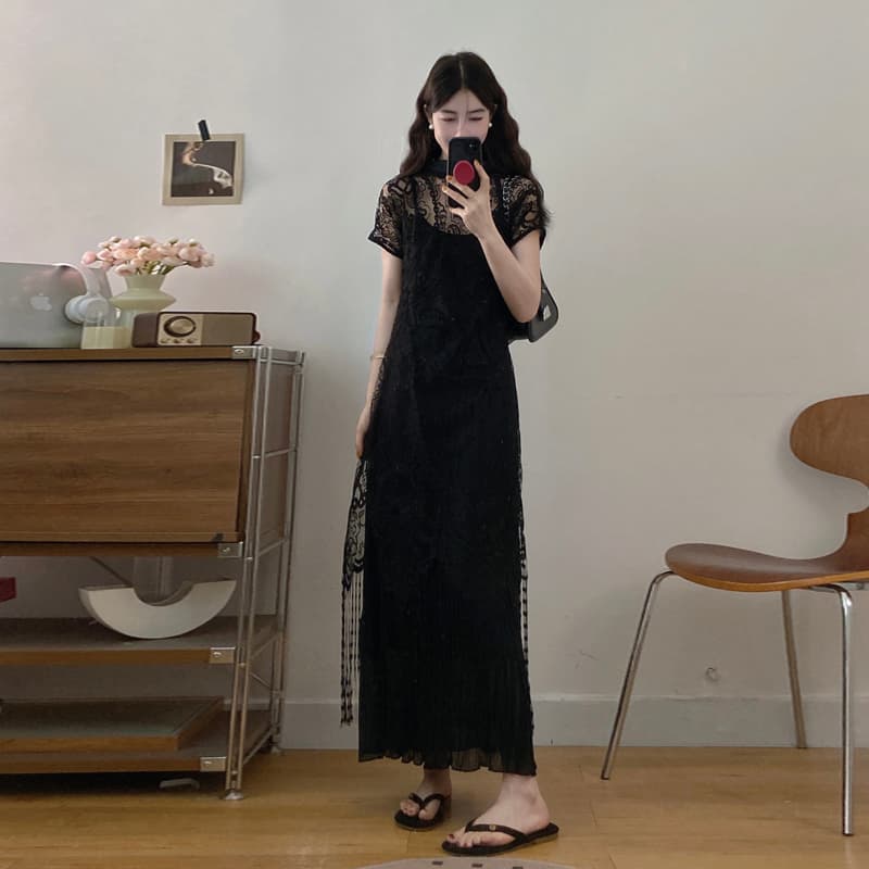 실사 빅 사이즈 감정 의기 양양하게 치파오 레이스 술 디자인 센스 투피스 세트 품격 드레스 이미지 3