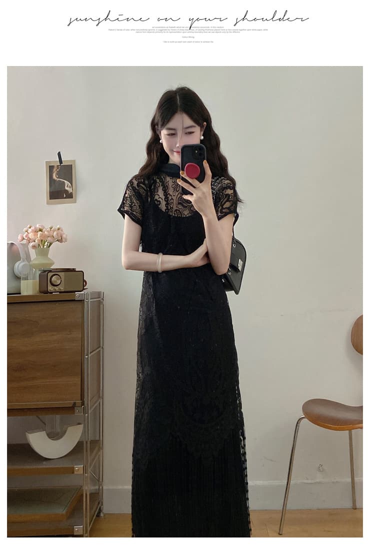 실사 빅 사이즈 감정 의기 양양하게 치파오 레이스 술 디자인 센스 투피스 세트 품격 드레스 상세 이미지 15