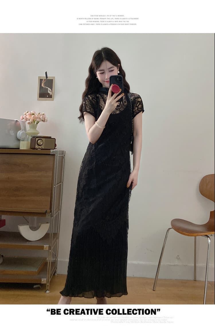 실사 빅 사이즈 감정 의기 양양하게 치파오 레이스 술 디자인 센스 투피스 세트 품격 드레스 상세 이미지 17
