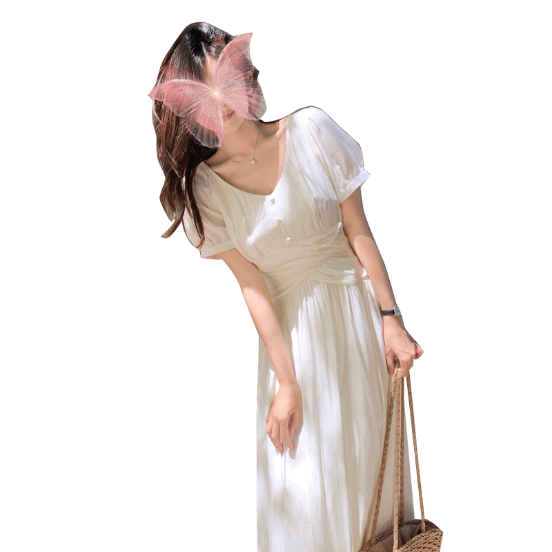 실사 빅 사이즈 프랑스식 차 휴식 부드러운 품격 V넥 여성 드레스 허리 수축 슬림해 보이는 디자인 센스 해변 롱 스커트 이미지 6