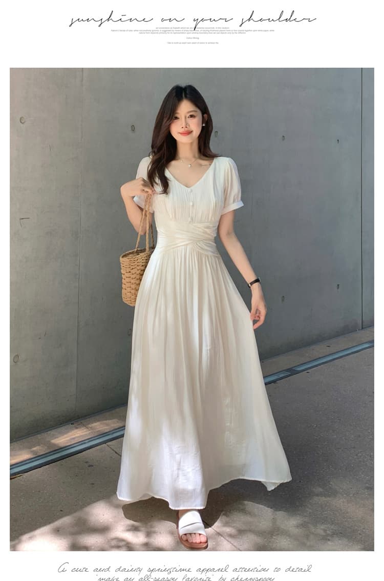 실사 빅 사이즈 프랑스식 차 휴식 부드러운 품격 V넥 여성 드레스 허리 수축 슬림해 보이는 디자인 센스 해변 롱 스커트 상세 이미지 8