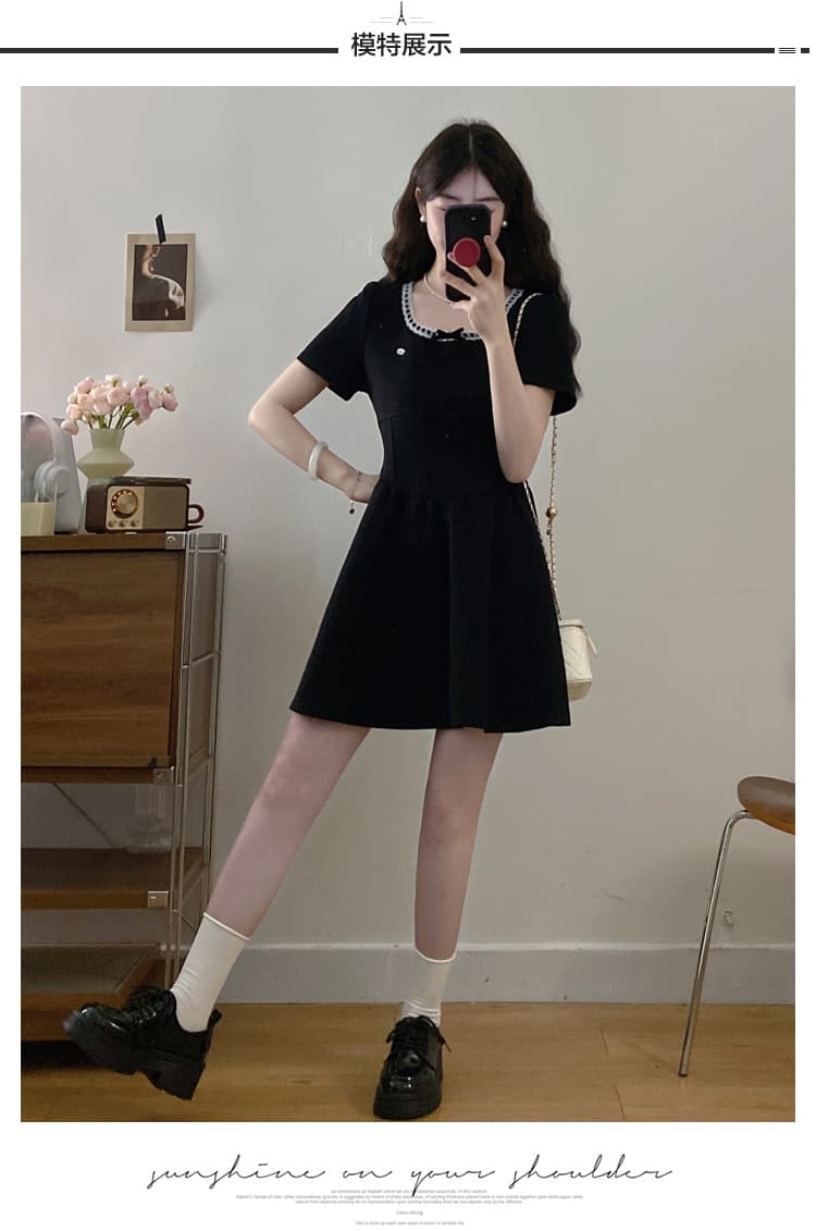 실사 여름 ootd 빅 사이즈 여성 의류 마이크로 지방 mm 슬림해 보이는 작은 검은 드레스 한 부서 패션 꼬집기 허리 드레스 상세 이미지 9