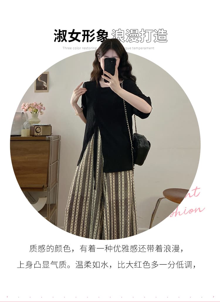 실사 디자인 센스 느긋한 바람 투피스 세트 빅 사이즈 여성 여름 새로운 불규칙 검정색 블라우스 와이드 레그 팬츠 세트 상세 이미지 4