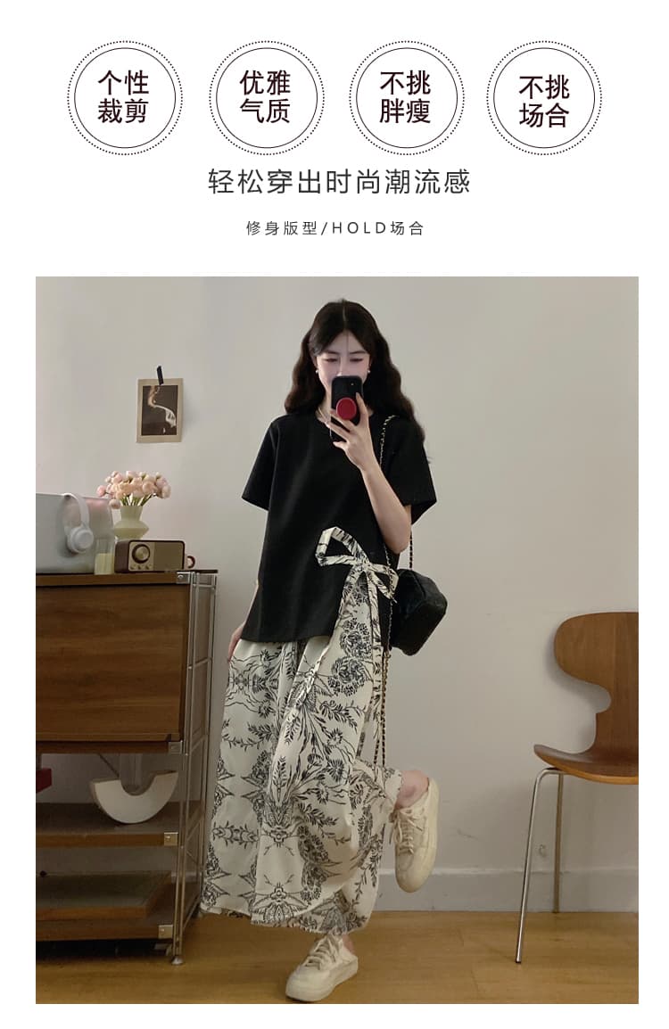 실사 빅 사이즈 여성 의류 여름 새로운 지방 mm 새로운 와이드 레그 팬츠 치마 나비 매듭 루즈핏 티셔츠 외국 가스 세트 상세 이미지 3