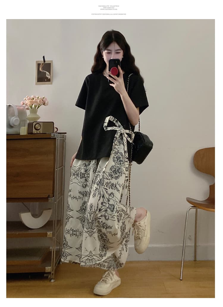 실사 빅 사이즈 여성 의류 여름 새로운 지방 mm 새로운 와이드 레그 팬츠 치마 나비 매듭 루즈핏 티셔츠 외국 가스 세트 상세 이미지 13